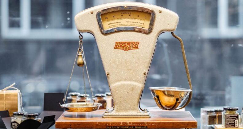 brown and beige weighing scale
