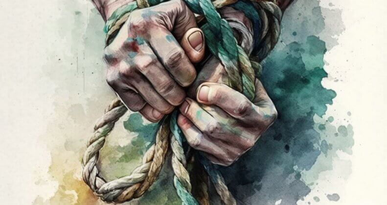 hands tied, bound in rope, watercolor